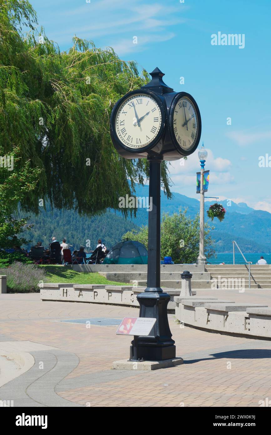 Don Ramsay Memorial Clock erected in the Village of Harrison Hot Springs in honour of Don Ramsay, the village mayor. Stock Photo