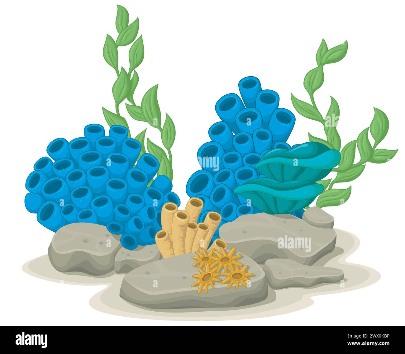 Marine Algae, Yellow Tube Sponges and Sea Anemones Growing on A Rock Sea Life, Vector Illustration Stock Vector