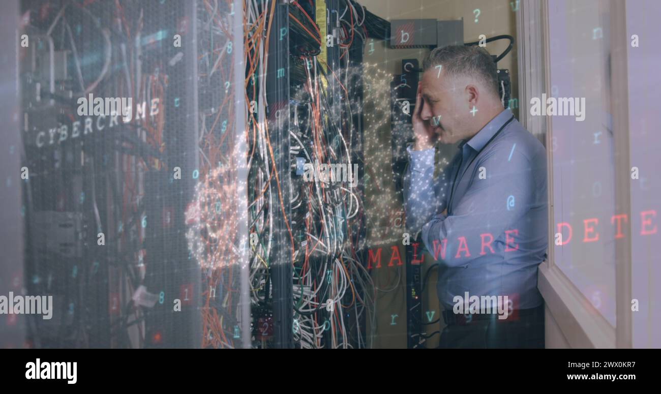 Image of data processing over caucasian male worker in server room ...