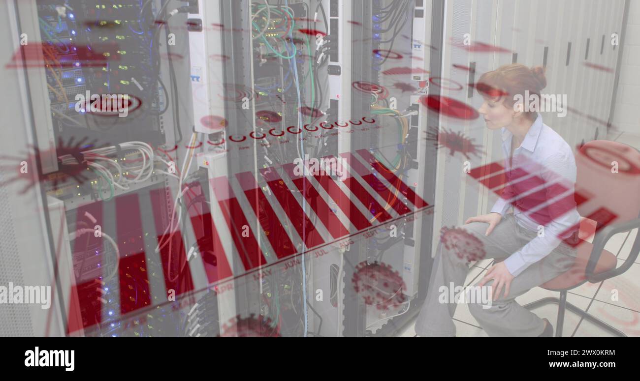 Image of data processing over caucasian female worker in server room. Global technology and digital interface concept digitally generated image. Stock Photo