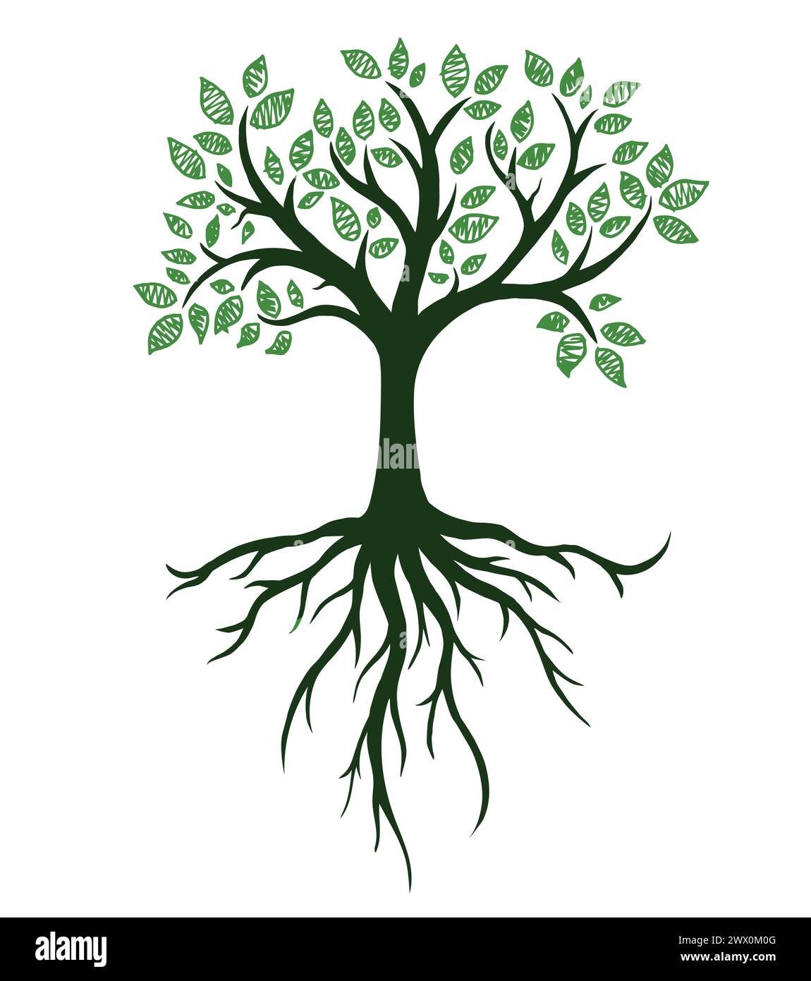 Tree Symbol with Roots, Real Hand Drawing, Vector Illustration Stock Vector