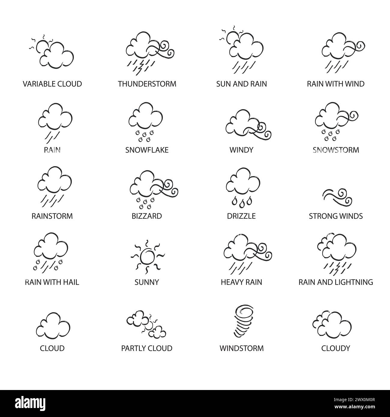 Weather Doodle Icon Set, Real Pen Sketch Suitable For For Web, Mobile and Infographics, Vector Illustration Stock Vector