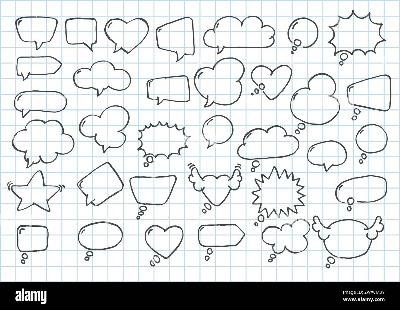 Artistic Collection of Hand Drawn Doodle Style Comic Balloon, Cloud, Heart Shaped Design Elements. Isolated and Real Pen Sketch, Vector Illustration Stock Vector