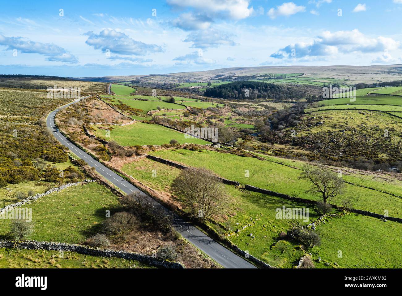 Farms over West Dart River in Dartmoor National Park, Devon, England
