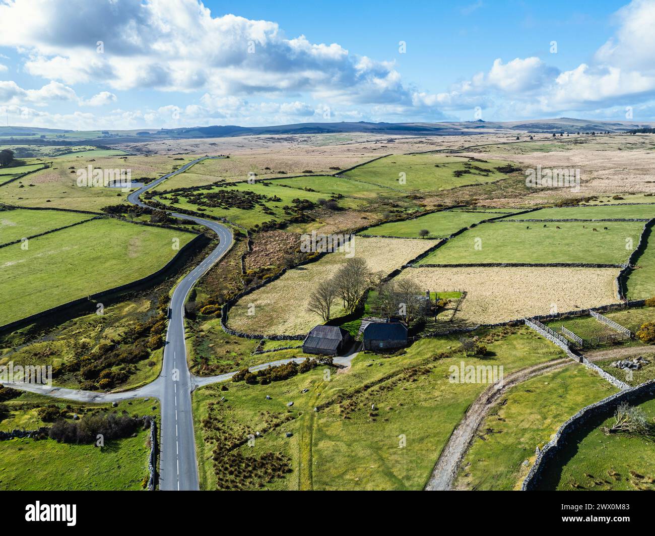 Farms over West Dart River in Dartmoor National Park, Devon, England