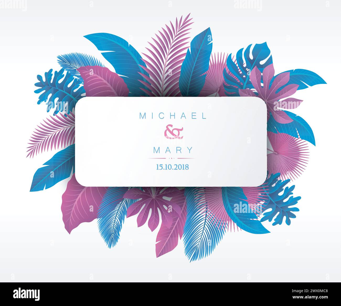 Wedding Invitation with Tropical Leaves Concept, Vector Illustration Stock Vector