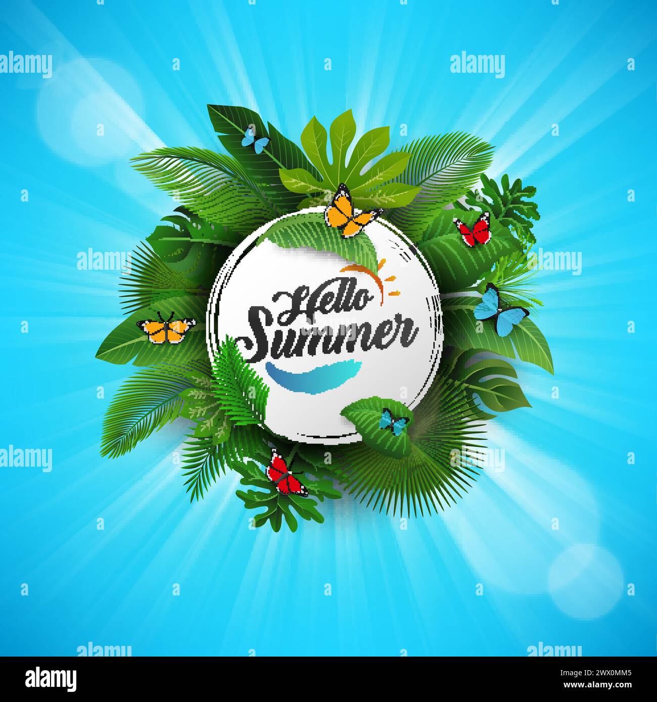 Hello Summer Sign with Tropical Leaves and Blue Background. Suitable For Summer Concept, Vacation, and Summer Holiday, Vector Illustration Stock Vector