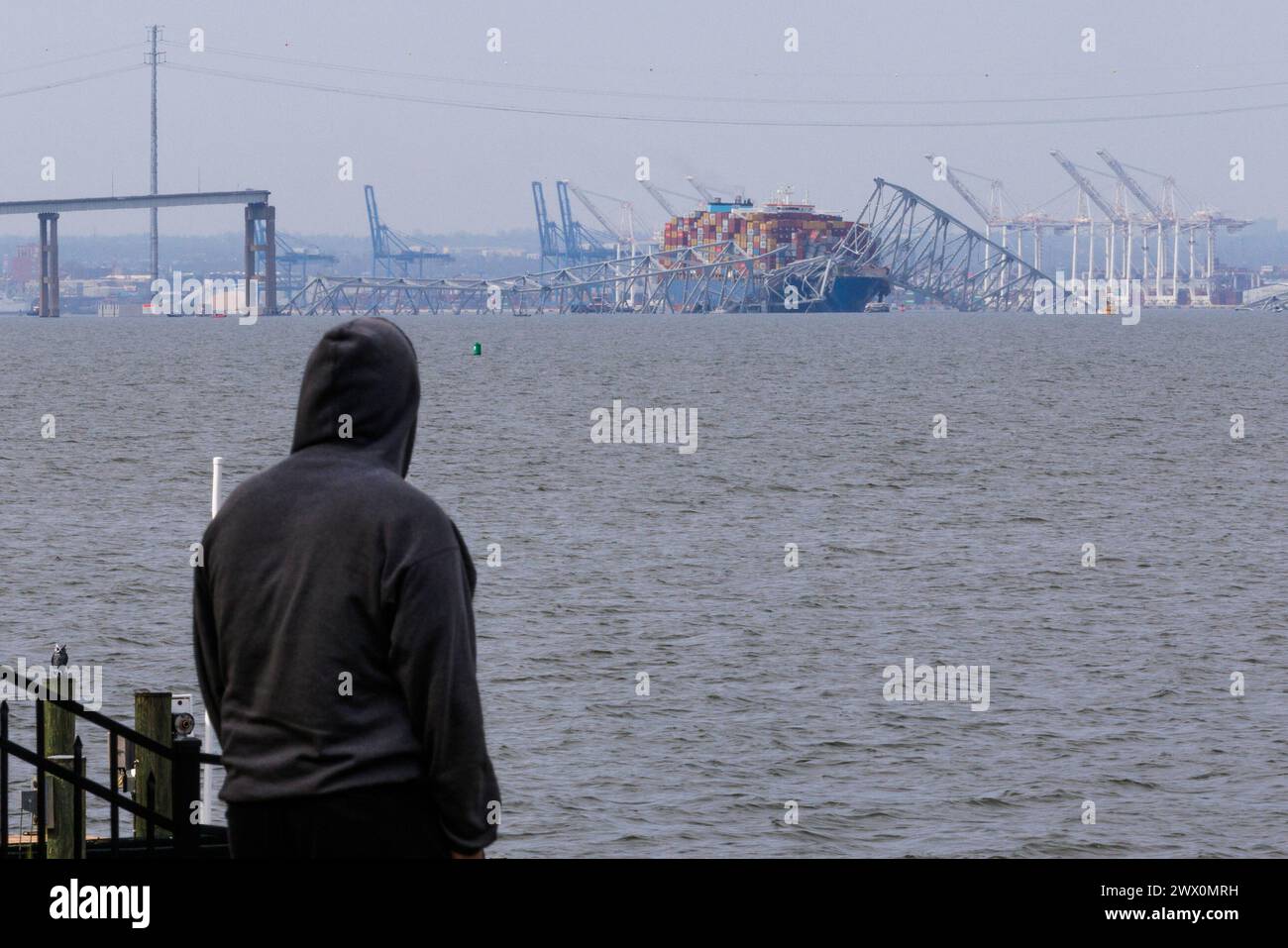 Onlookers view rescue efforts by authorities, as they search for people trapped under the remains of Francis Scott Key Bridge outside Baltimore, Maryland after a container ship lost power and struck the bridge in the early morning hours on Tuesday, March 26, 2024. Credit: Aaron Schwartz/CNP Stock Photo