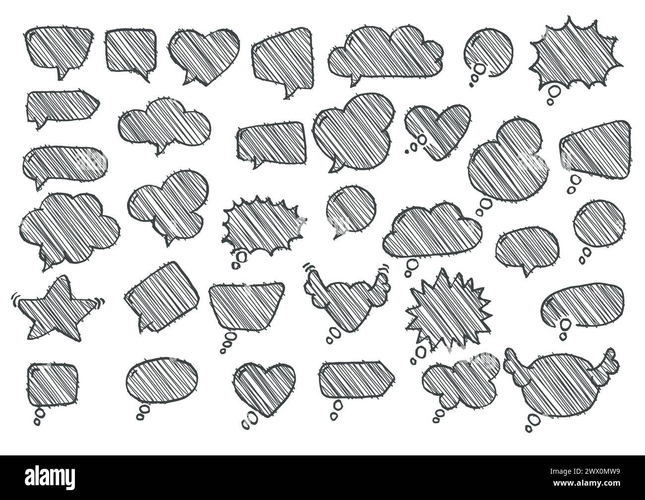 Artistic Collection of Hand Drawn Doodle Style Comic Balloon, Cloud, Heart Shaped Design Elements. Isolated and Real Pen Sketch, Vector Illustration Stock Vector