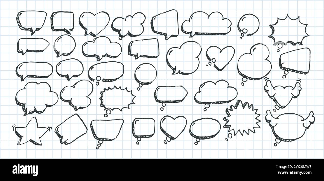 Artistic Collection of Hand Drawn Doodle Style Comic Balloon, Cloud, Heart Shaped Design Elements. Isolated and Real Pen Sketch, Vector Illustration Stock Vector