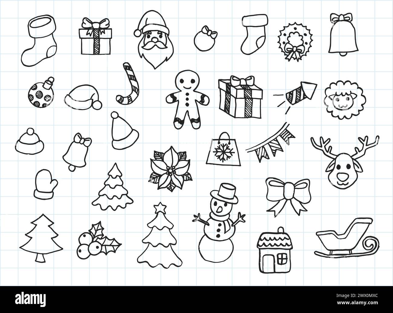 Artistic Collection of Hand Drawn Christmas Set. Isolated and Real Pen