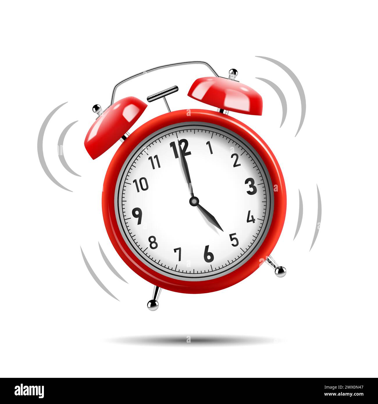 Realistic Red Alarm Clock Ringing, Isolated on White Background, Vector Illustration Stock Vector