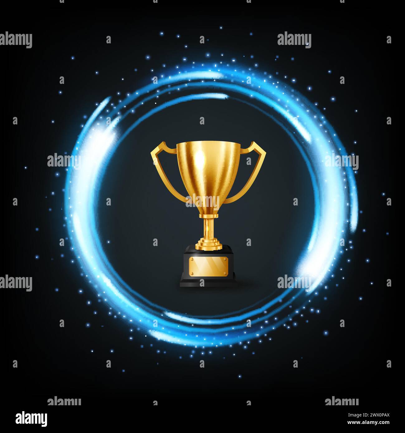 Realistic Golden Trophy Surrounded By A Spinning Blue Light, Vector Illustration Stock Vector