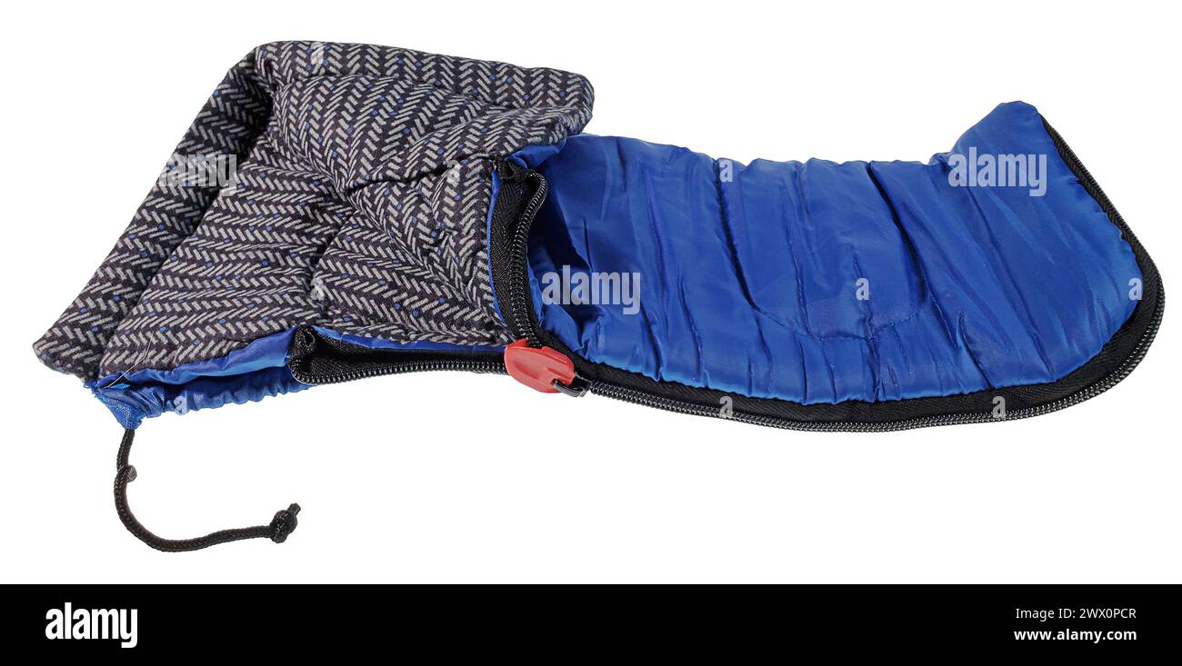 A blue sleeping bag for sleeping outdoors Stock Photo