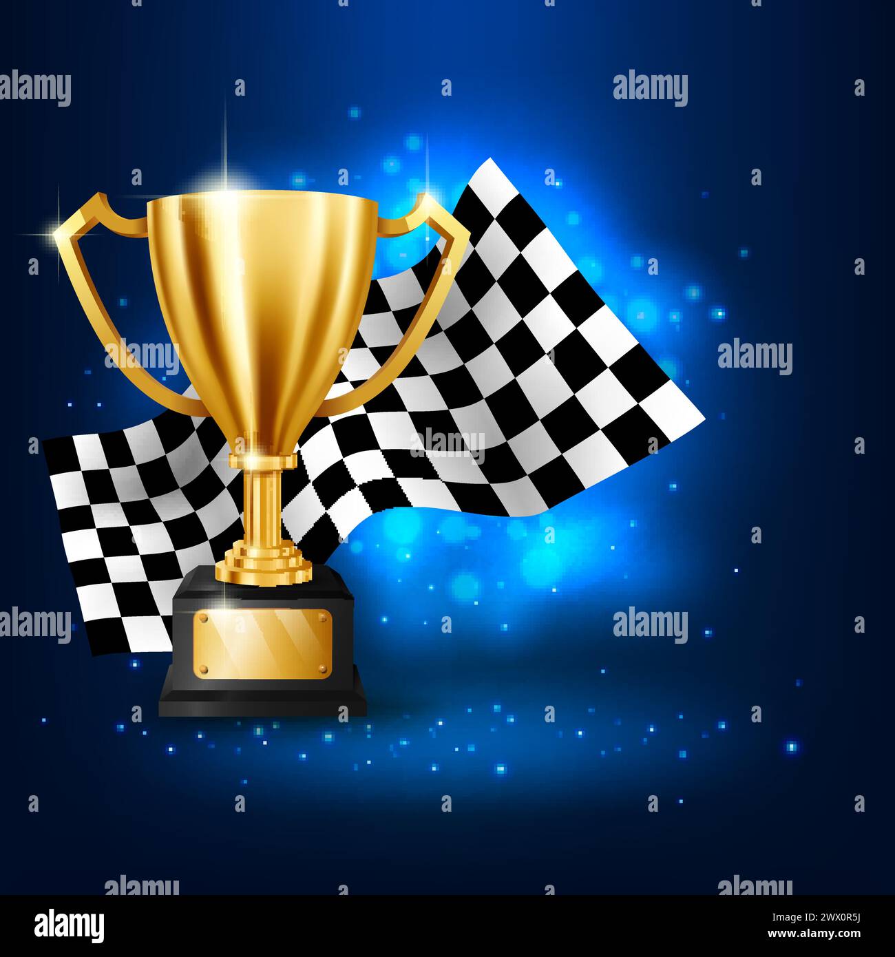 Realistic Golden Trophy with Checkered Flag Racing Championship on Blue Background, Vector Illustration Stock Vector