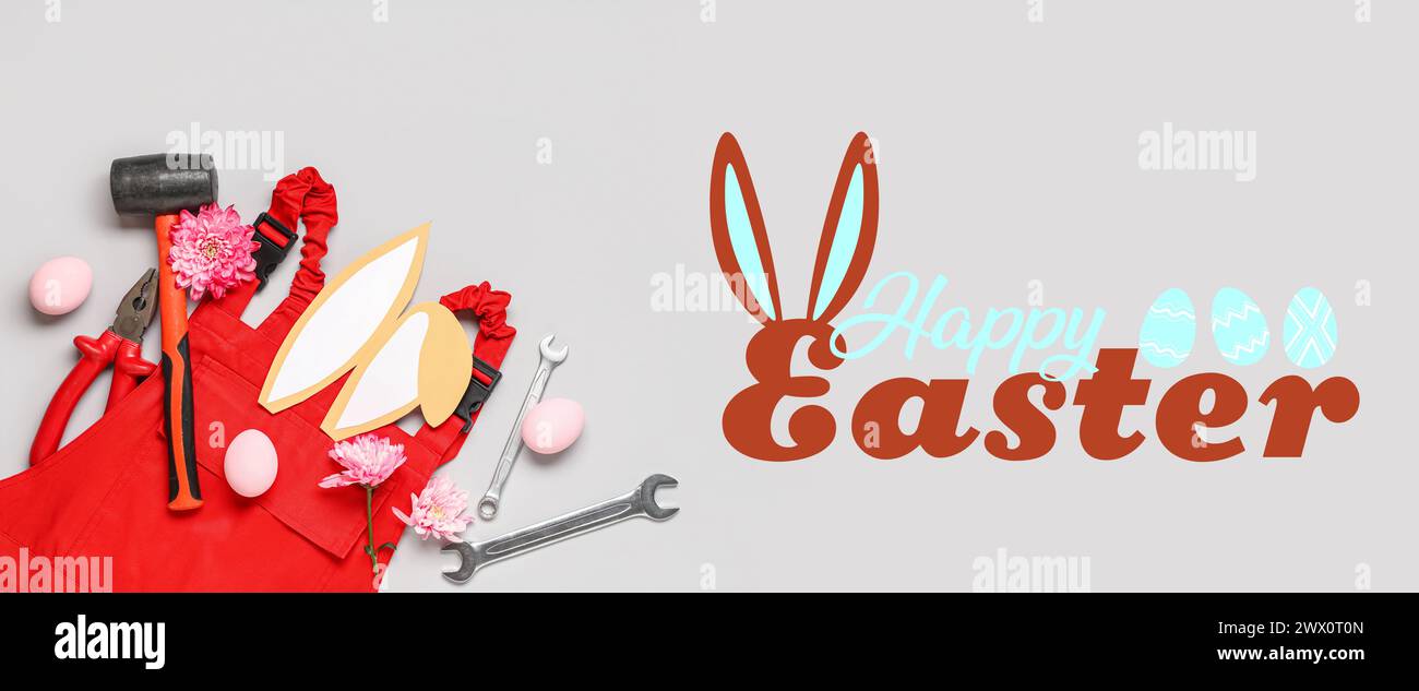 Festive banner for Happy Easter with construction tools and uniform Stock Photo