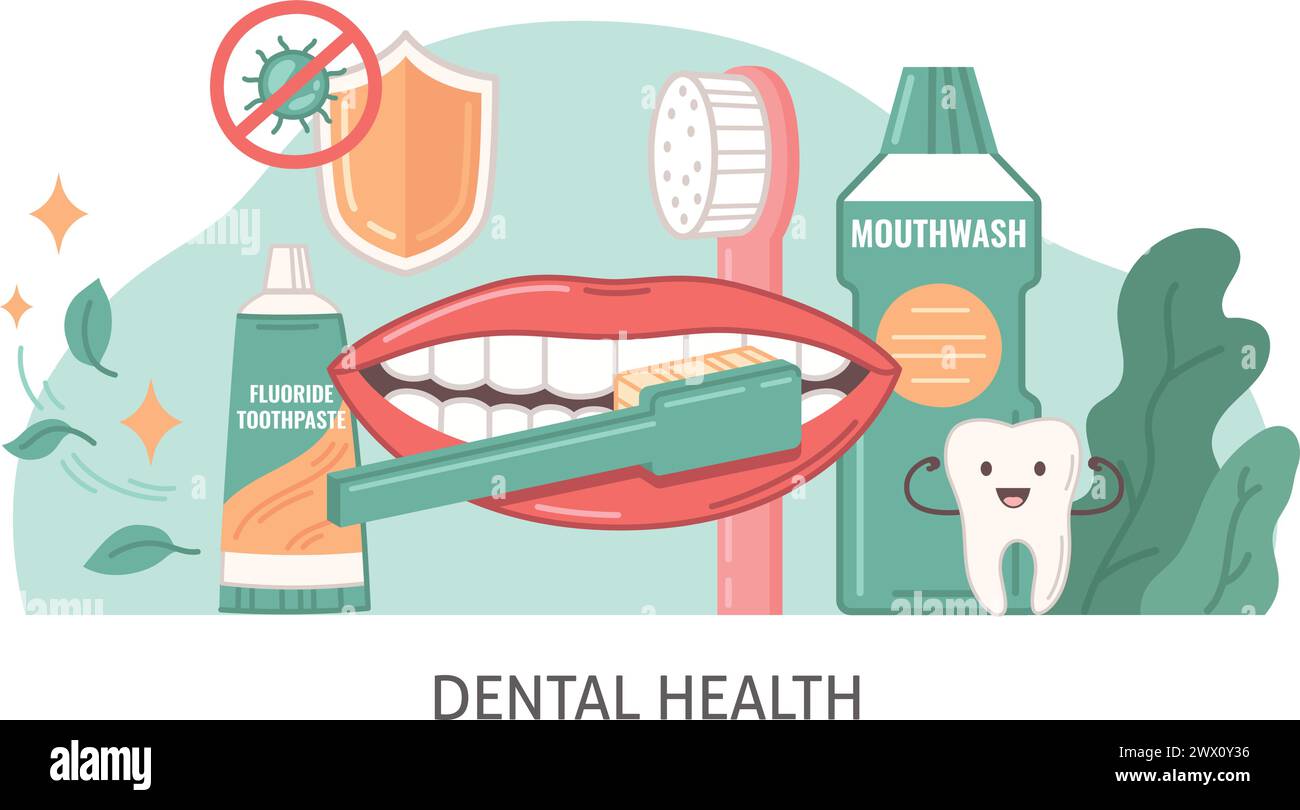 Dental health flat cartoon with oral hygiene symbols vector ...