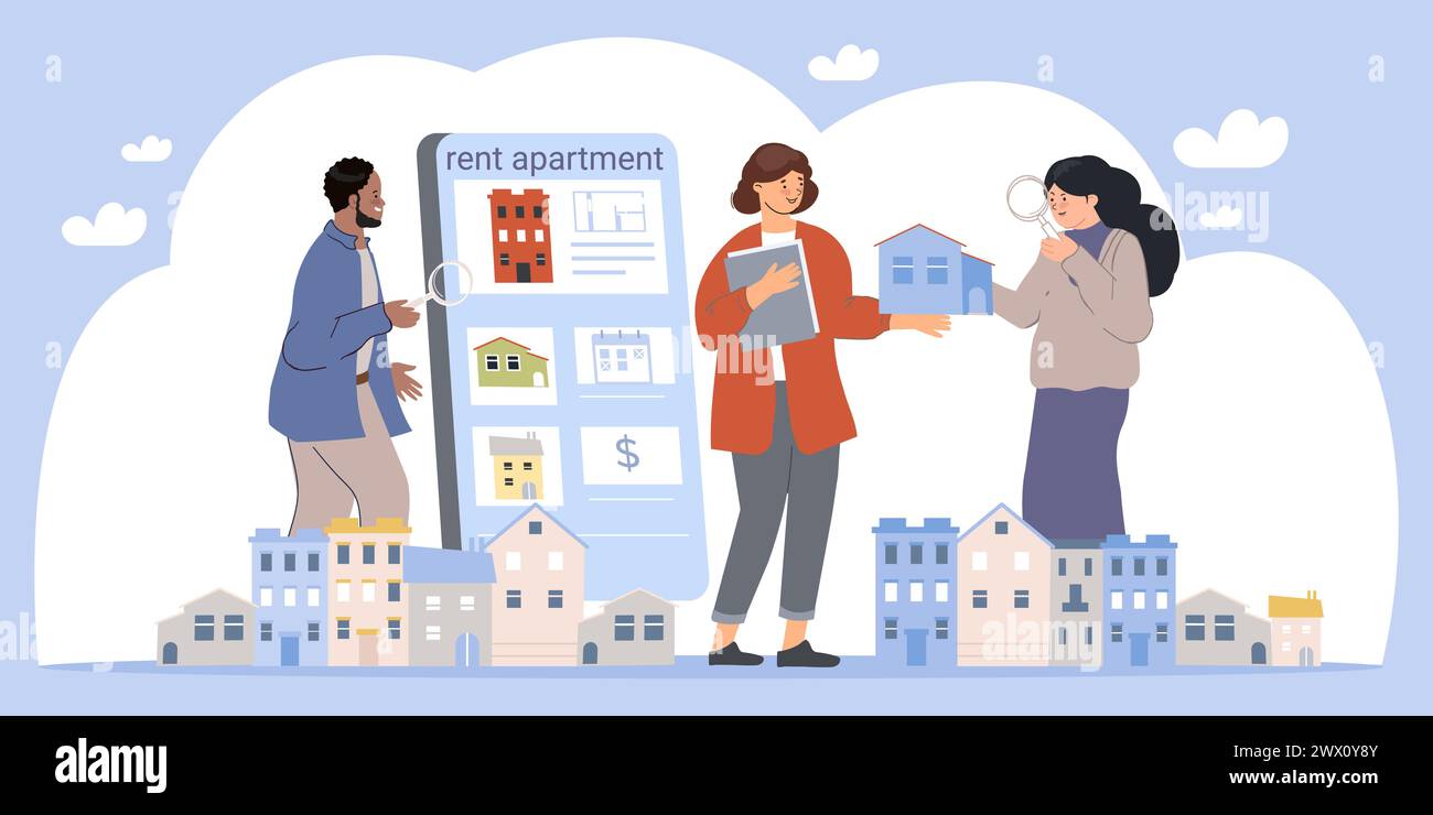 Estate agent helping man and woman with magnifying glasses choose apartment for rent flat vector illustration Stock Vector