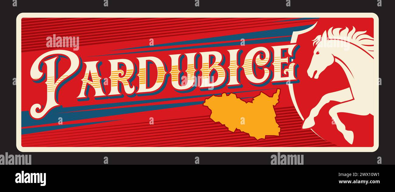Pardubice czech republic region retro travel plate, tourist sticker. Vector vintage board or plaque, banner with heraldic shield, wheel and horse retro postcard, territory map and flag Stock Vector