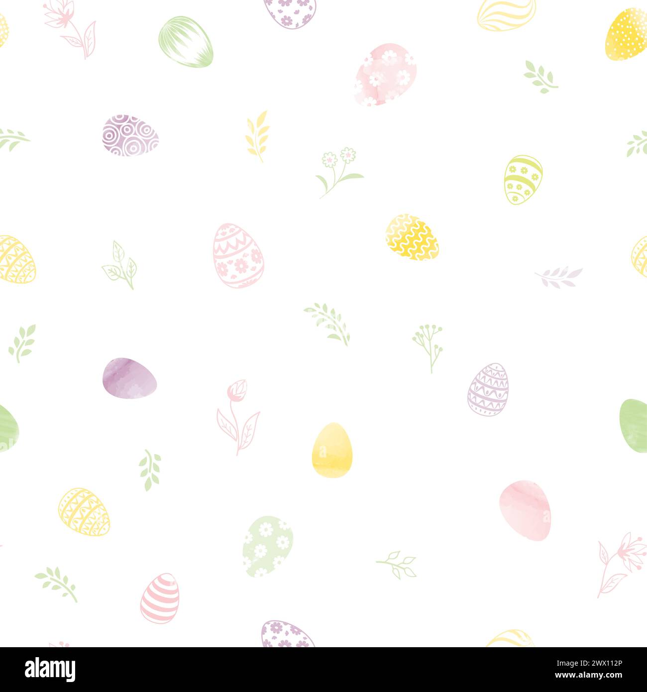 Easter spring seamless gentle vector pattern with flowers, bunnies, and easter eggs over white background. Easter holiday decor for website, package, Stock Vector