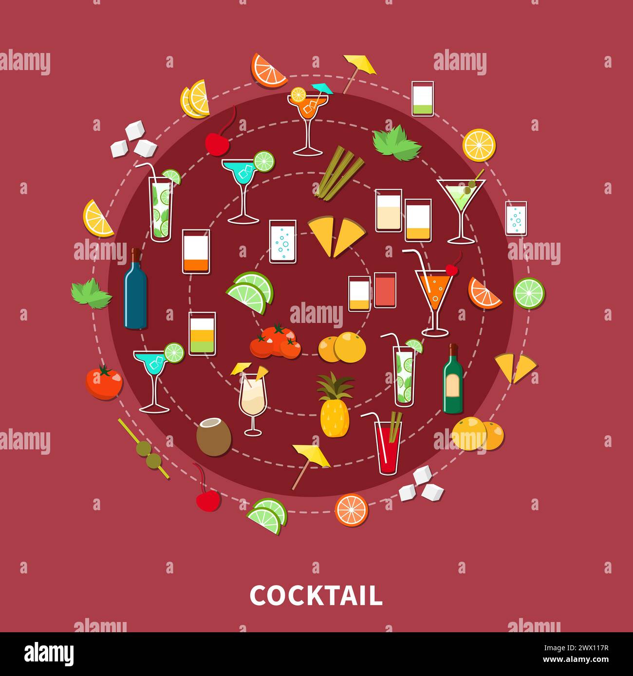 Cocktail icon set of alcoholic drinks and their ingredients in flat ...