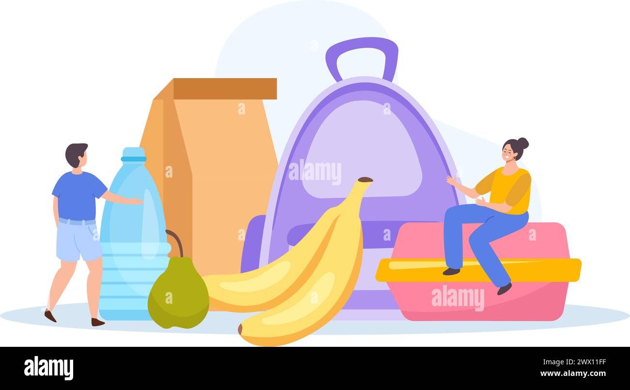 Lunch box composition of flat icons with backpack paper bag fruits