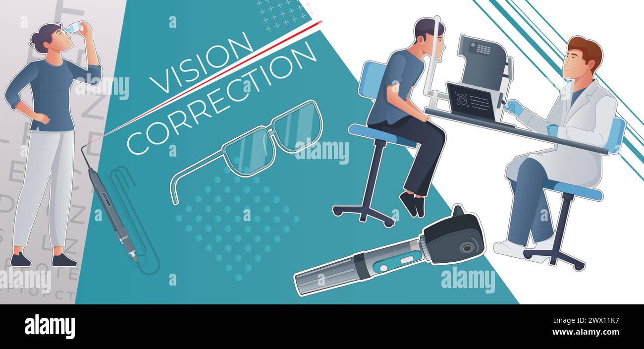 Vision correction flat collage with oculist doing vision test and man doing prevention of eye diseases vector illustration Stock Vector