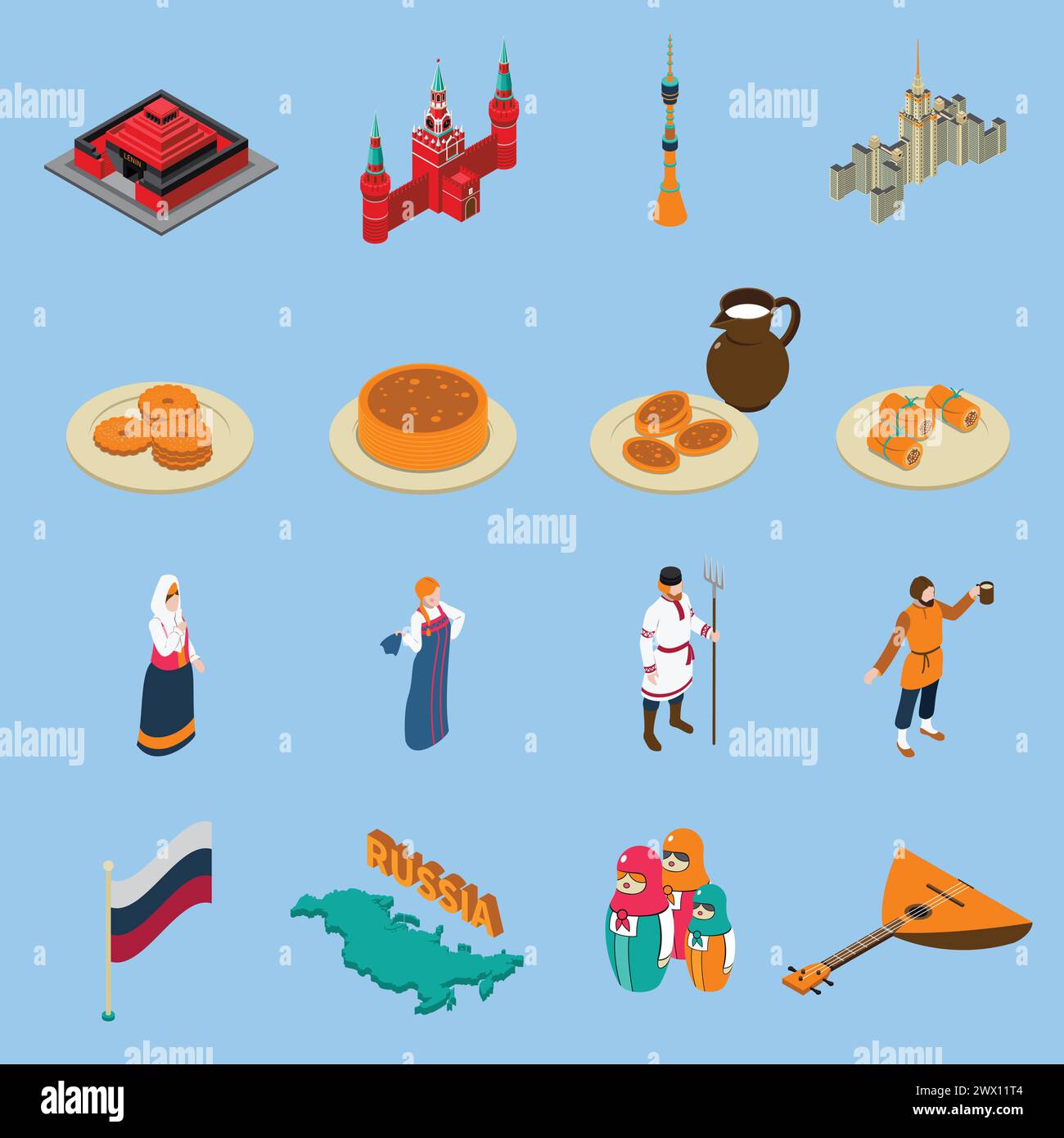 Russia isometric touristic icons set of famous buildings traditional ...