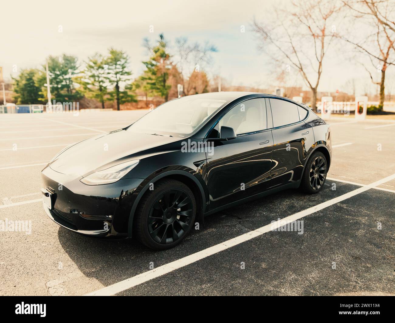 A sleek Tesla Model 3 featuring black rims, a paradigm of expressive ...