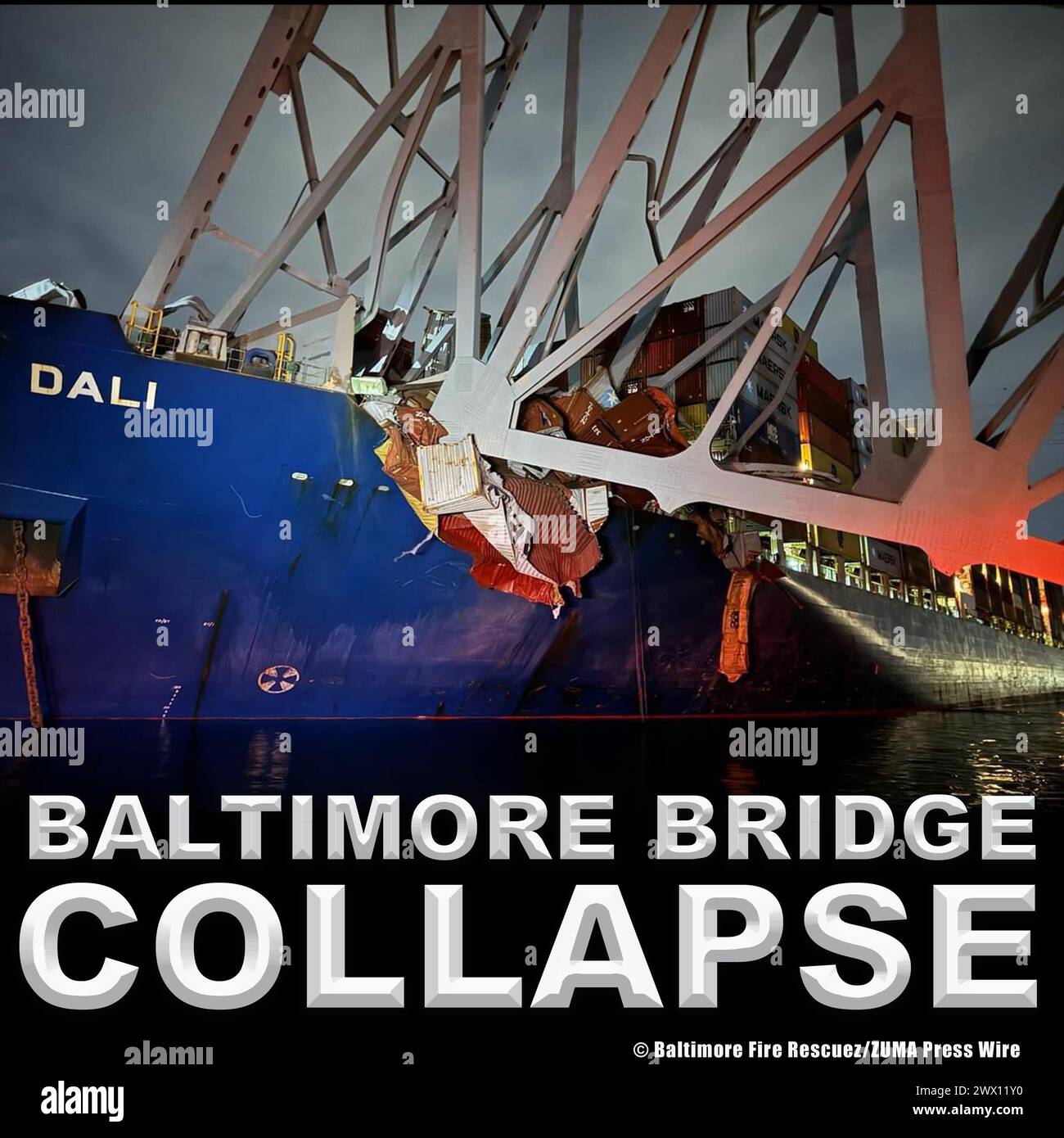 March 26, 2024, Baltimore, Maryland, USA: A close up view captured immediately after the Dali cargo vessel crashed into the Francis Scott Key Bridge in Baltimore, taken by Baltimore City Fire Rescue 1 during search and rescue operations. Six people are unaccounted for following the collapse. Eight people were on the bridge when the cargo ship hit, two of them were saved from the water. The crew on the ship issued a ''mayday'' call before the accident. The bridge extends over the Patapsco River and is an essential link of Interstate-695, or the Baltimore Beltway. The Baltimore's Francis Scott K Stock Photo