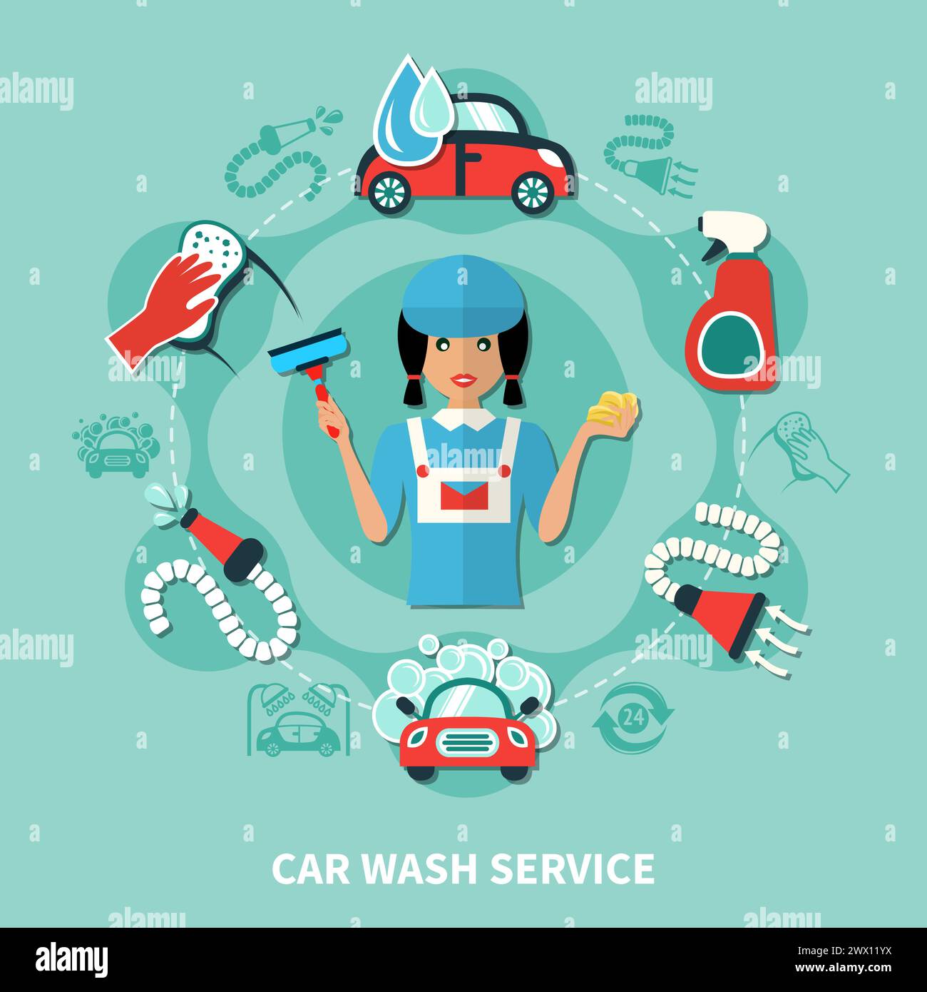 Car wash service round composition with worker character washing agents