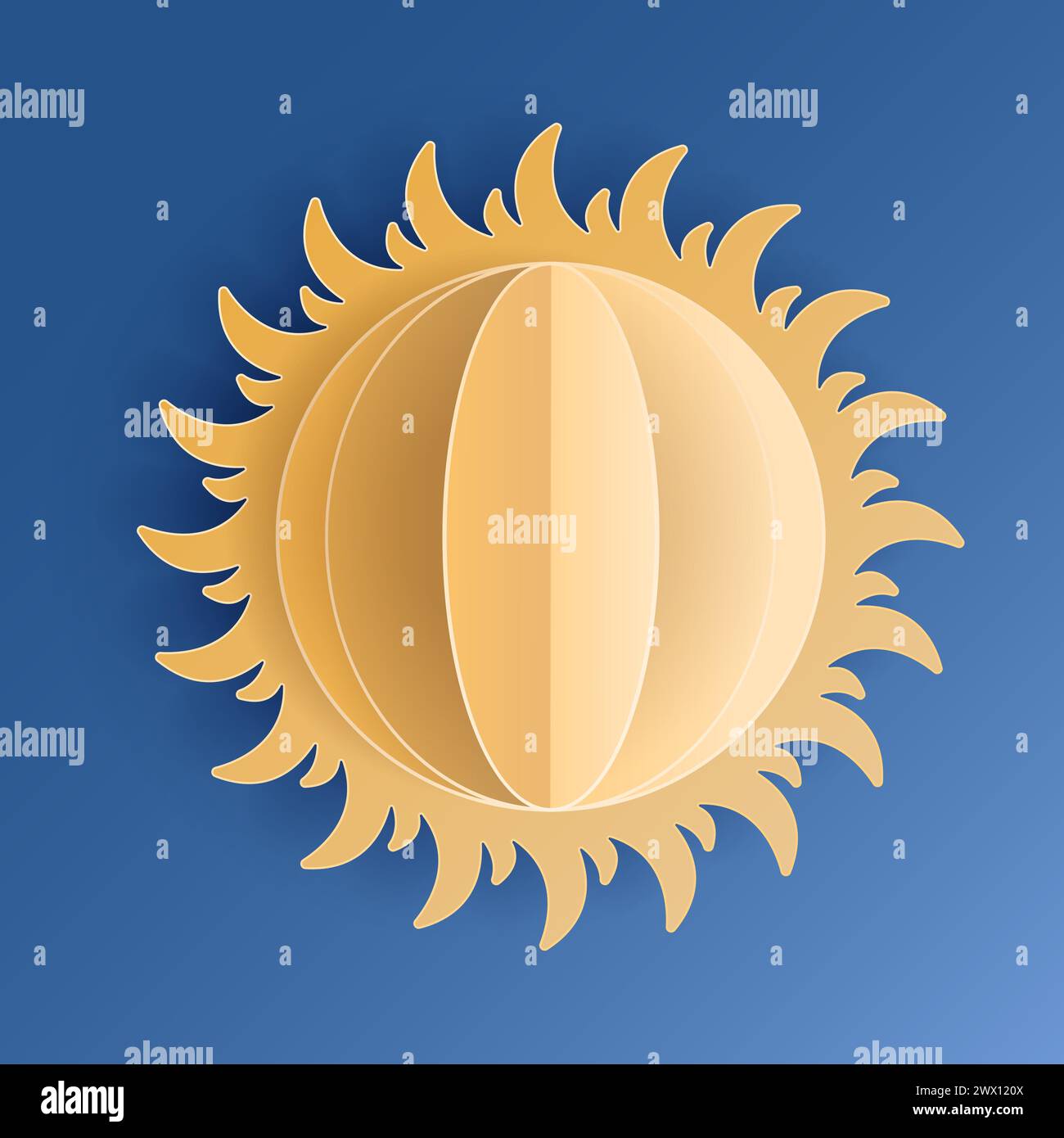 Paper cut sun on blue sky background. Forecast yellow sunshine icon symbol. 3D Papercraft frame icon for posters and flyers, presentation, web, social Stock Vector