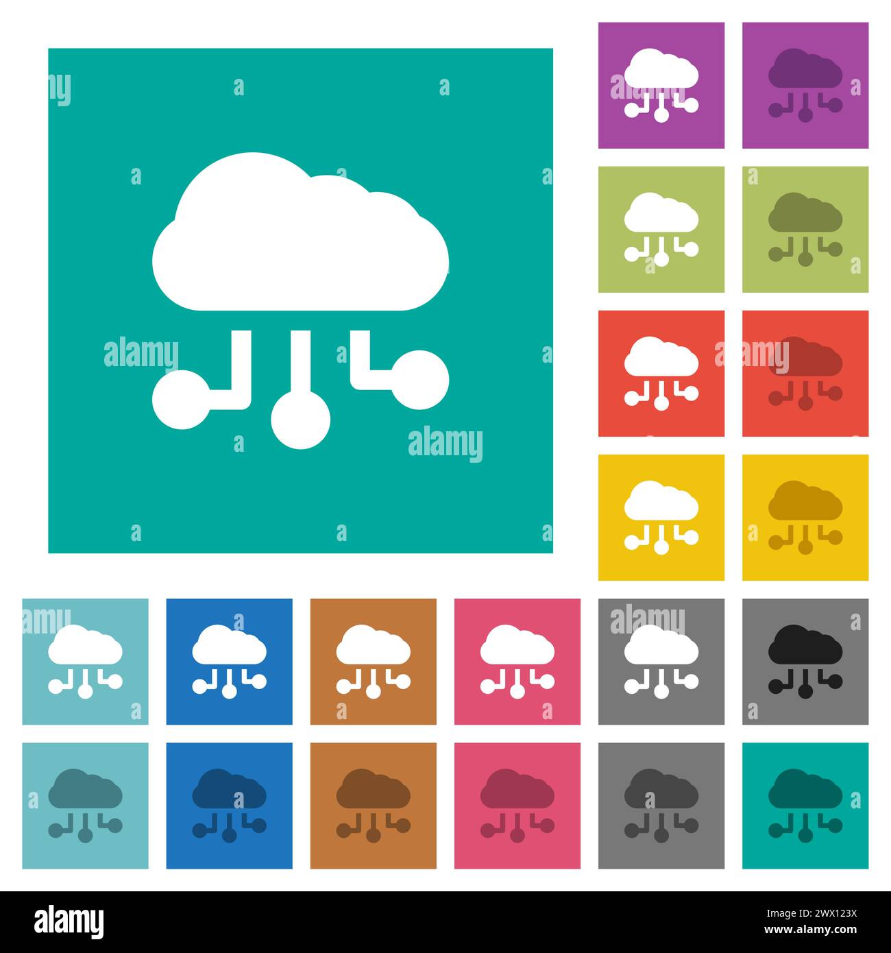 Cloud connections solid multi colored flat icons on plain square backgrounds. Included white and darker icon variations for hover or active effects. Stock Vector