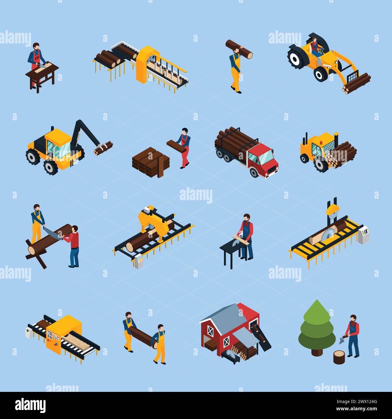Sawmill isometric icons set of woodworking machinery working loggers and vehicles for timber transportation isolated vector illustration Stock Vector