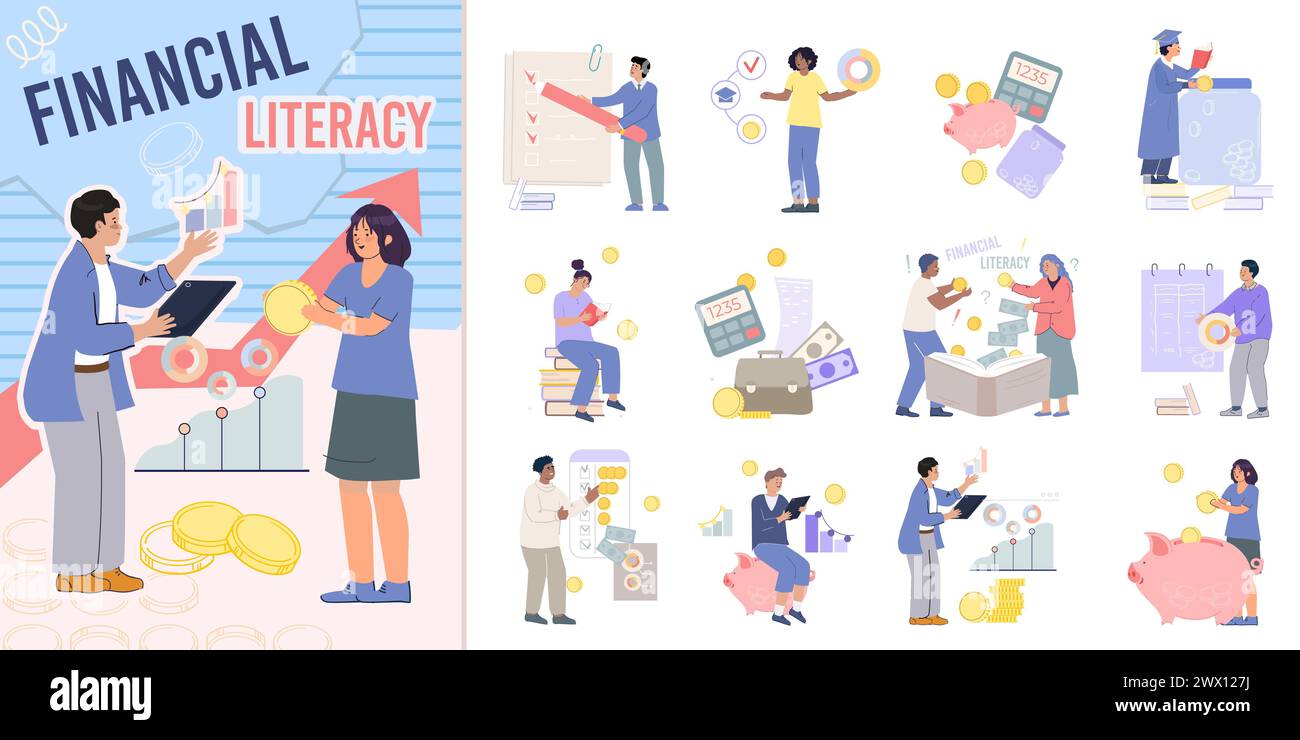 Financial literacy flat composition with people learning to plan budget