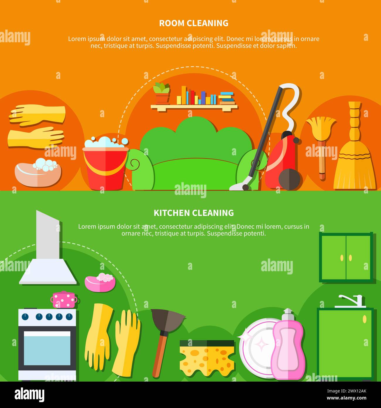 Two colorful horizontal banners set with flat living room kitchen furniture equipment and cleaning agents images vector illustration Stock Vector