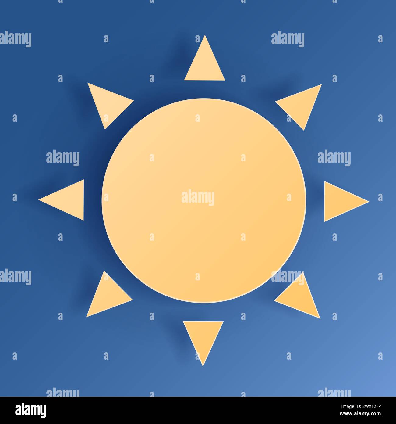 Paper cut sun on blue sky background. Forecast yellow sunshine icon symbol. 3D Papercraft frame icon for posters and flyers, presentation, web, social Stock Vector