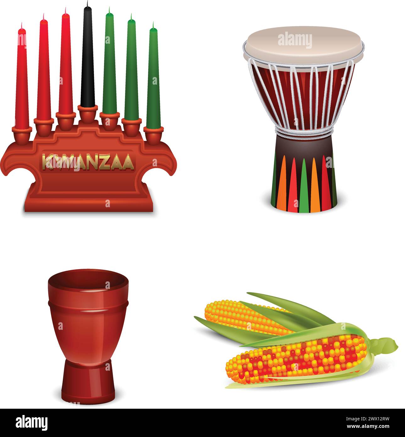 Kwanzaa holiday celebrations 4 basic cultural symbols square composition with corn and candle holder isolated vector illustration Stock Vector