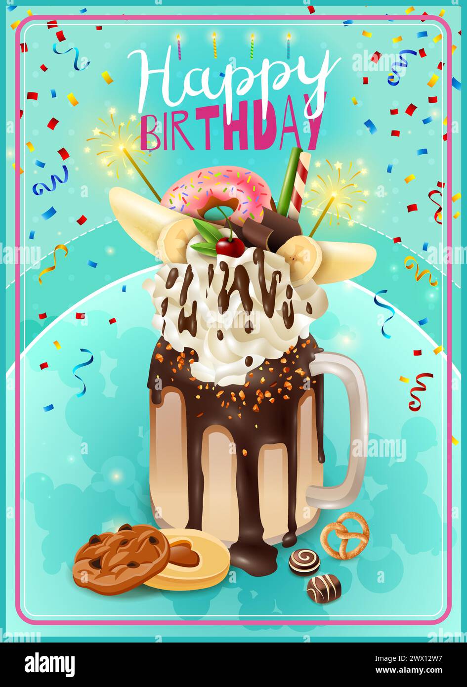 Extreme freakshake festive dessert birthday party invitation card poster with rich chocolade cake milkshake topping vector illustration Stock Vector