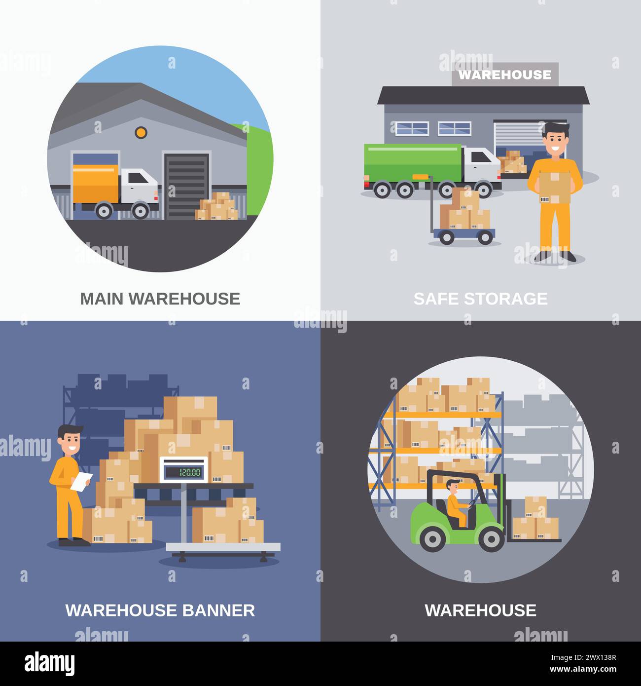 Warehouse 2x2 flat design concept with storage building and workers loading boxes by fork lifts vector illustration Stock Vector