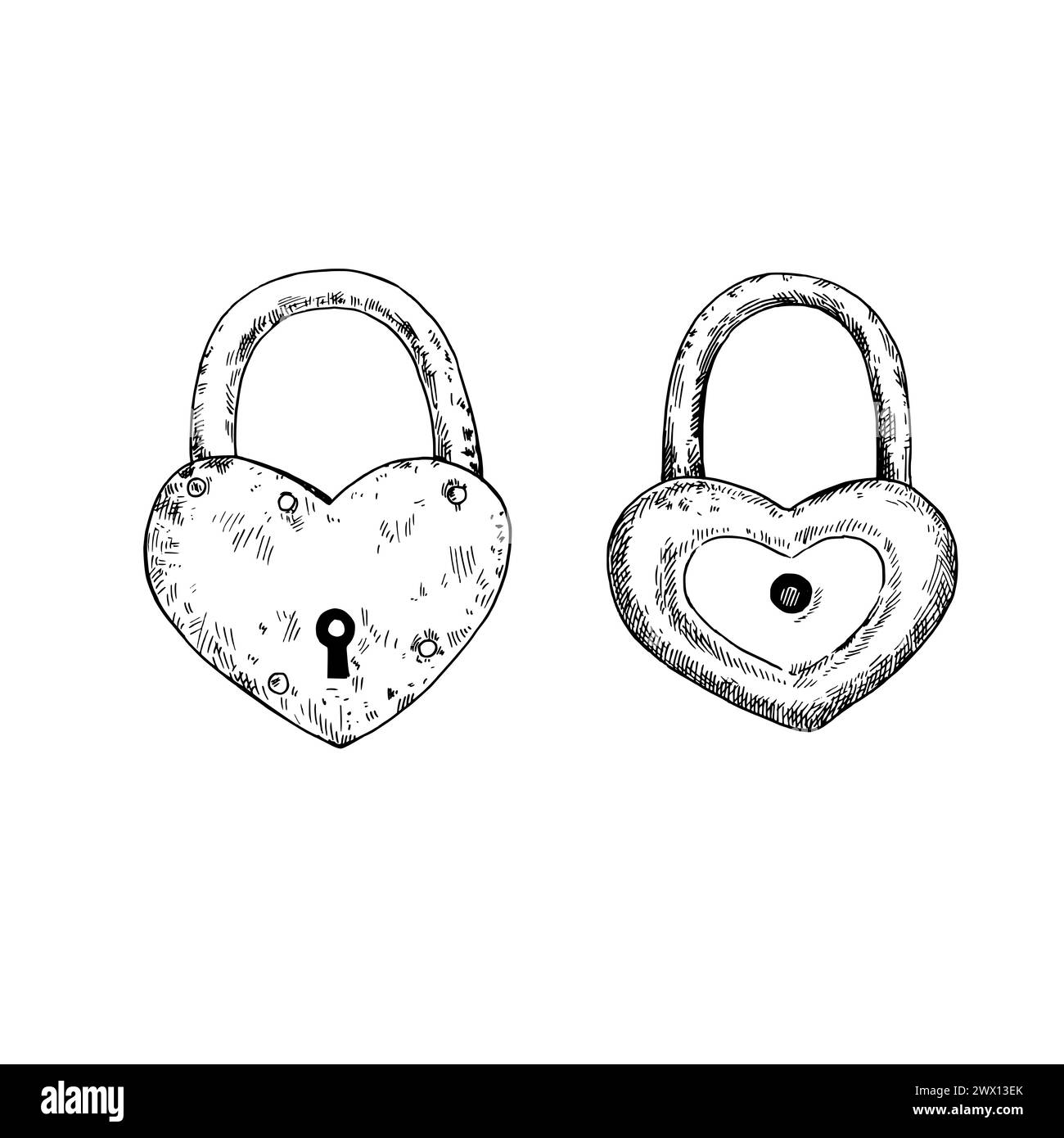 Heart-shapes padlocks in retro style. Hand-drawn black and white design elements. Vector illustration. Stock Vector