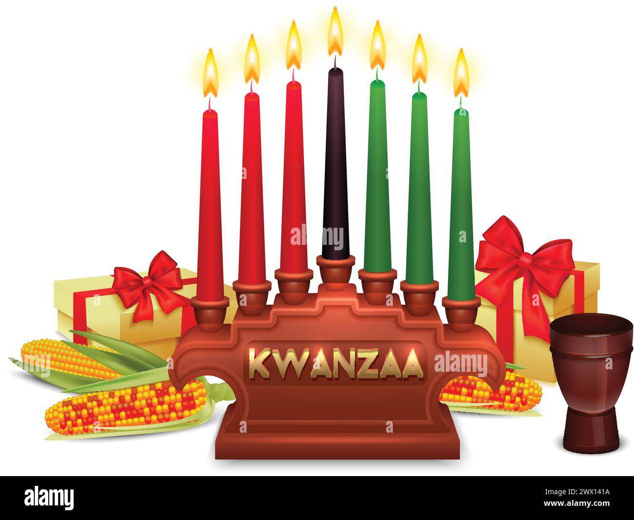 African americans kwanzaa holiday symbols composition poster with candles holder traditional presents corn ears and colors vector illustration Stock Vector