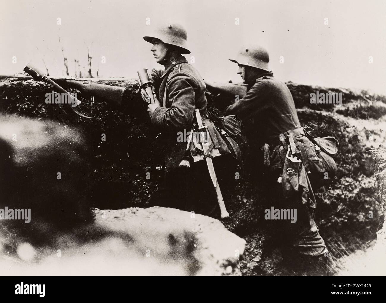 World War I Photos: Battle of the Aisne. German sentries in newly captured trench, watching for British and French counter attack. April 6, 1918 Stock Photo