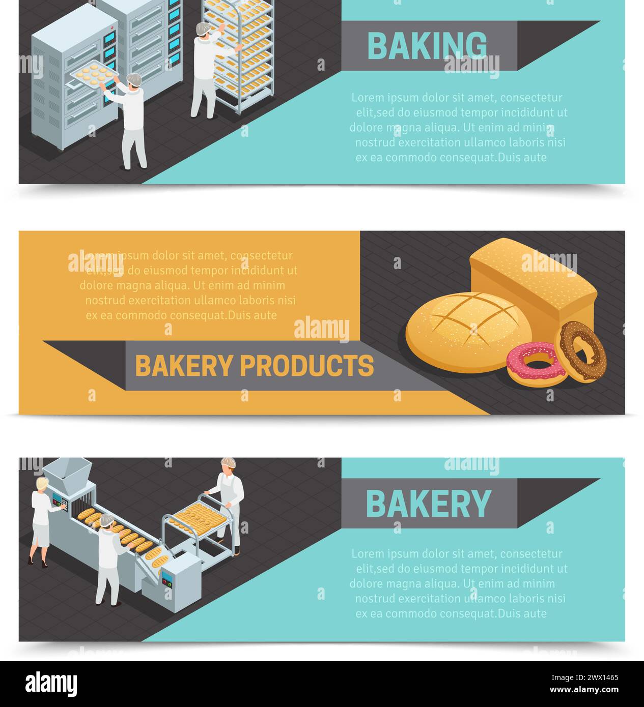 Three horizontal colored bakery factory isometric banner set with ...