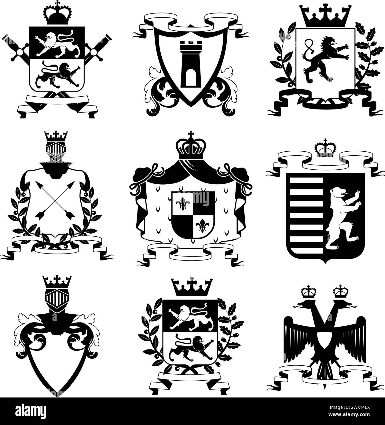 Heraldic coat of arms family crest and shields emblems design black icons collection abstract isolated vector illustration Stock Vector