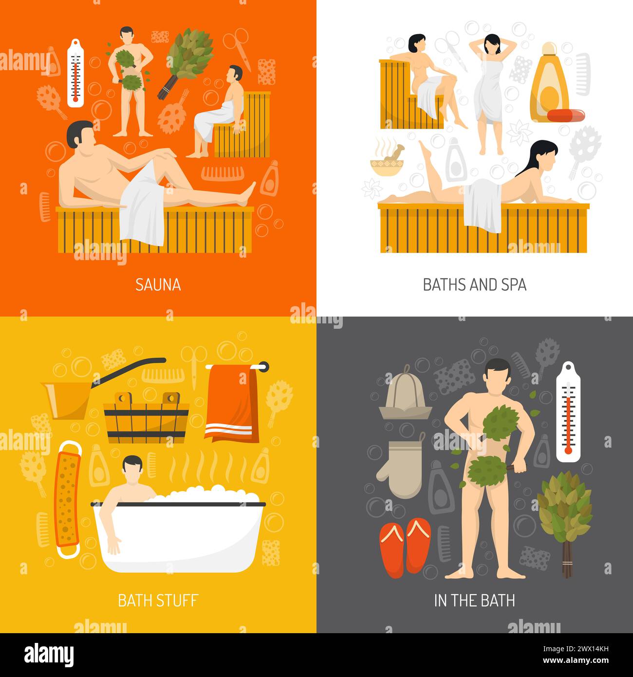 Bath sauna and mineral spa resort center concept 4 flat icons square ...