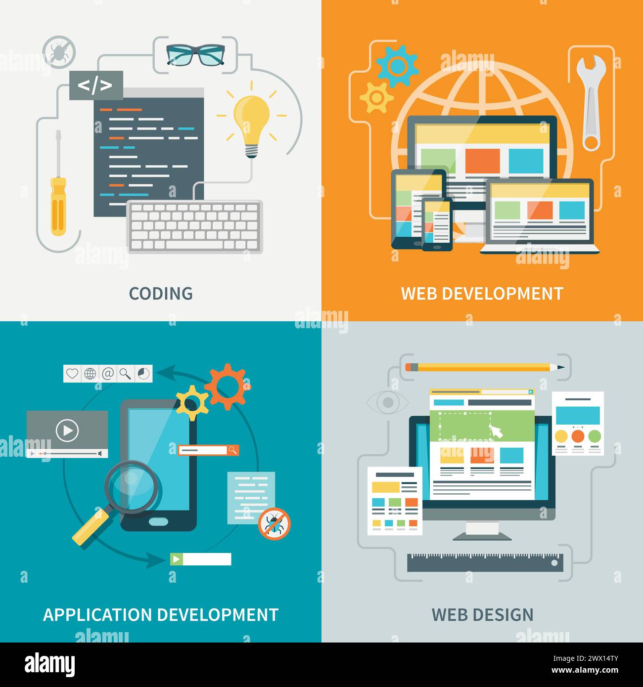 Set of pictures with various stages of website development process vector illustration Stock Vector