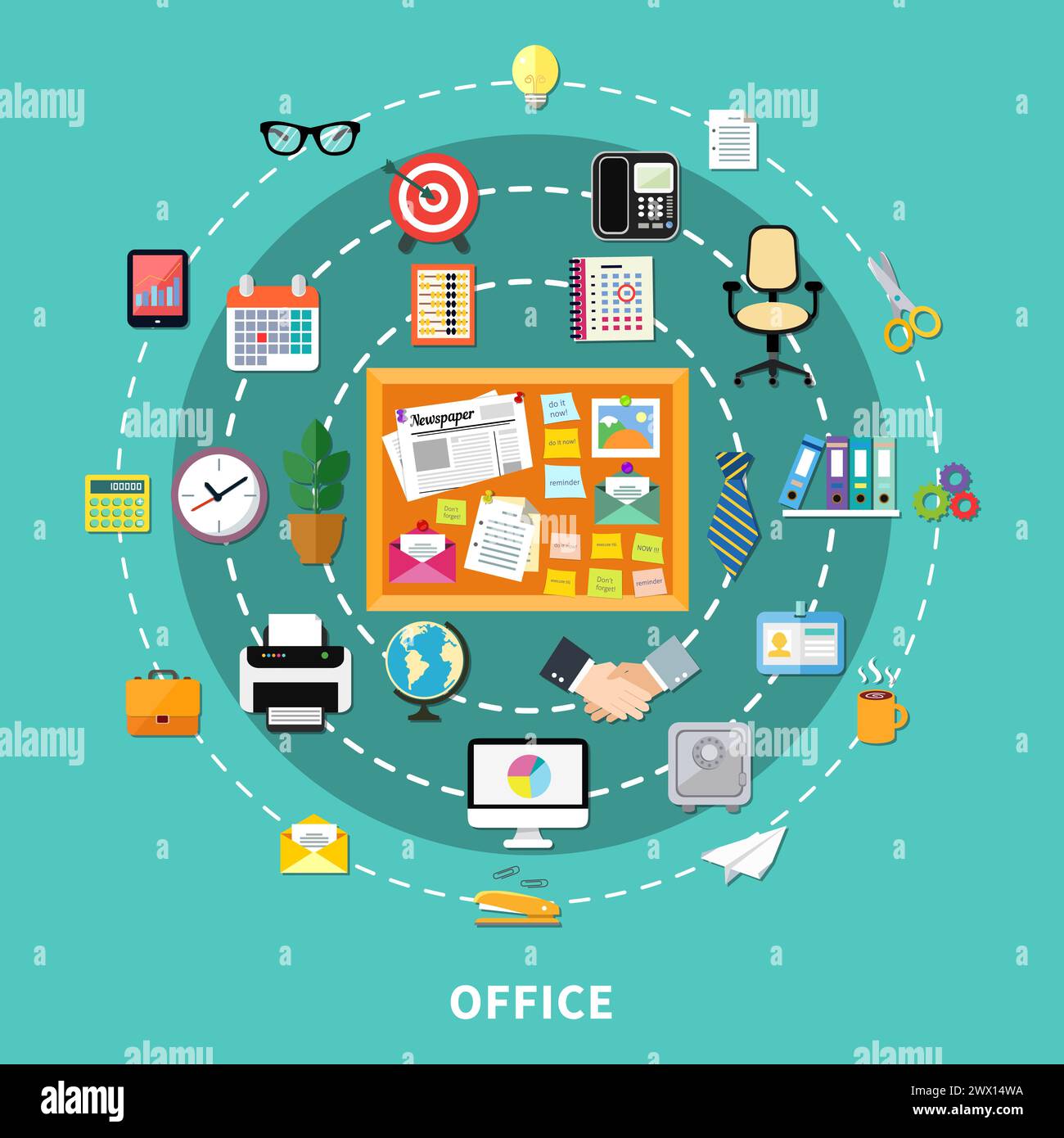 Office decorative icons set in circle order with briefcase globe wall clock computer printer handshake flat vector illustration Stock Vector