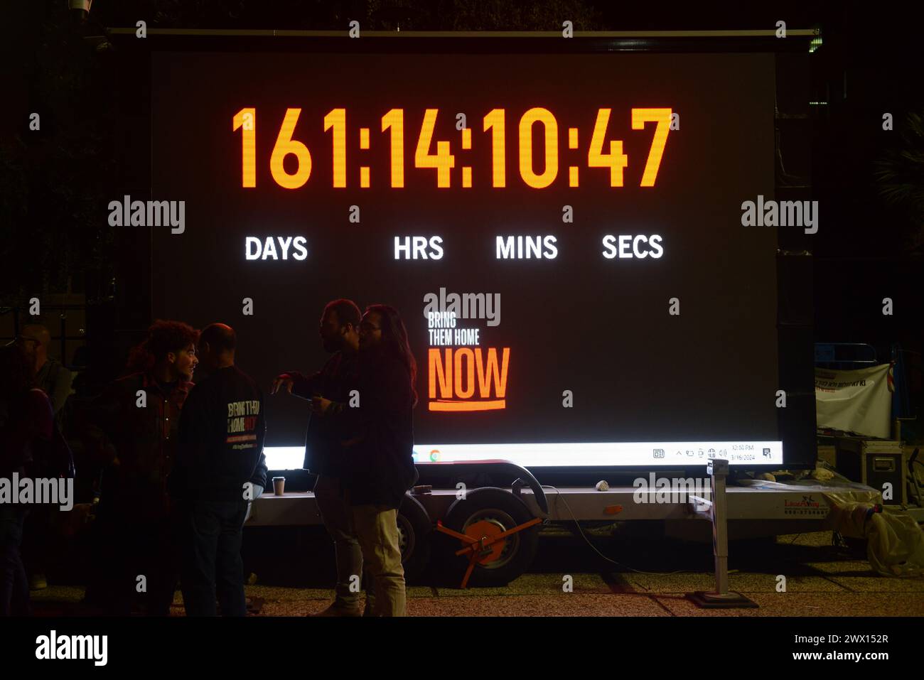 An electric clock display counting the seconds the hostages are being held captive in Gaza. Hostages square, Tel-Aviv, Israel. Stock Photo