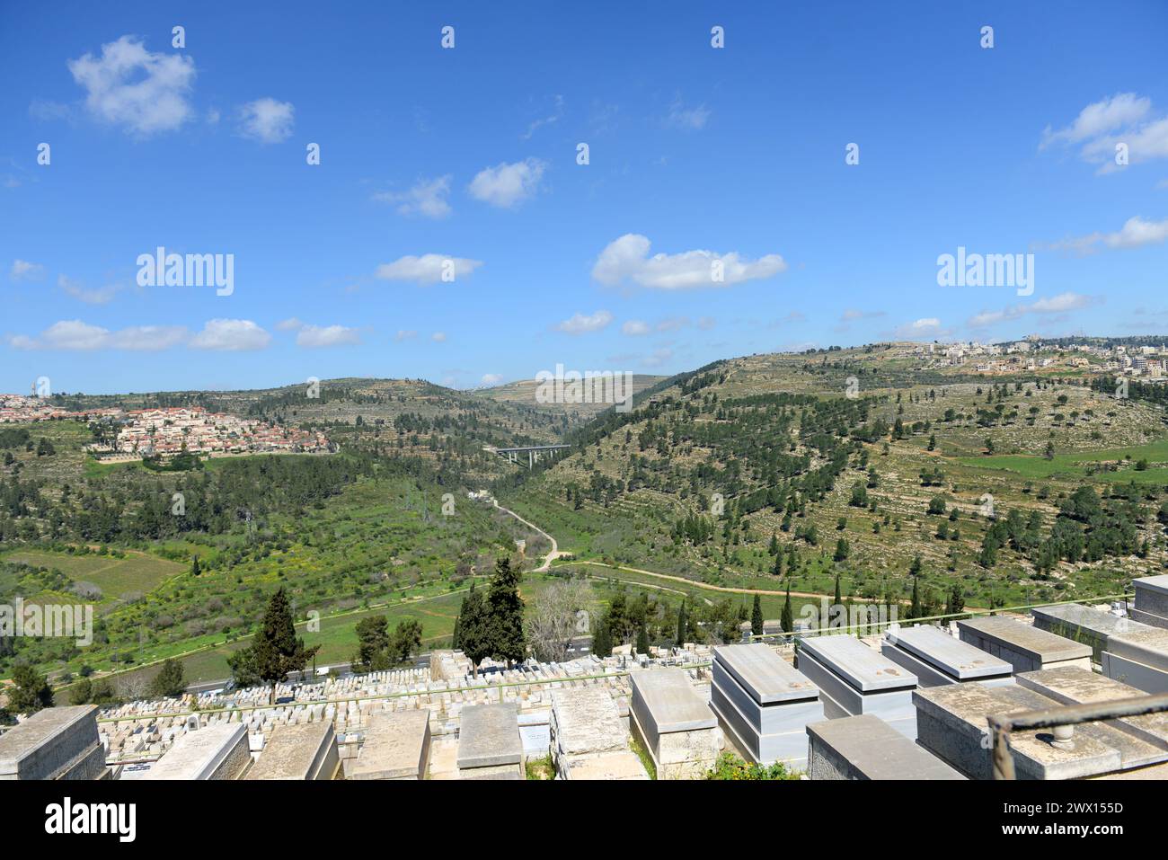 Beautiful landscapes seen from Har HaMenuchot Cemetery in Jerusalem, Israel. Stock Photo